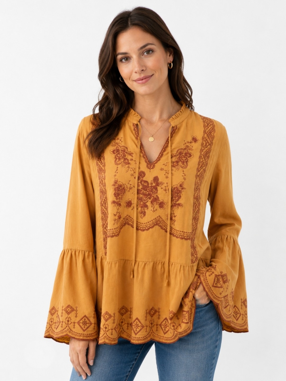 Cato Mustard Embroidered Boho Peasant Top NWT